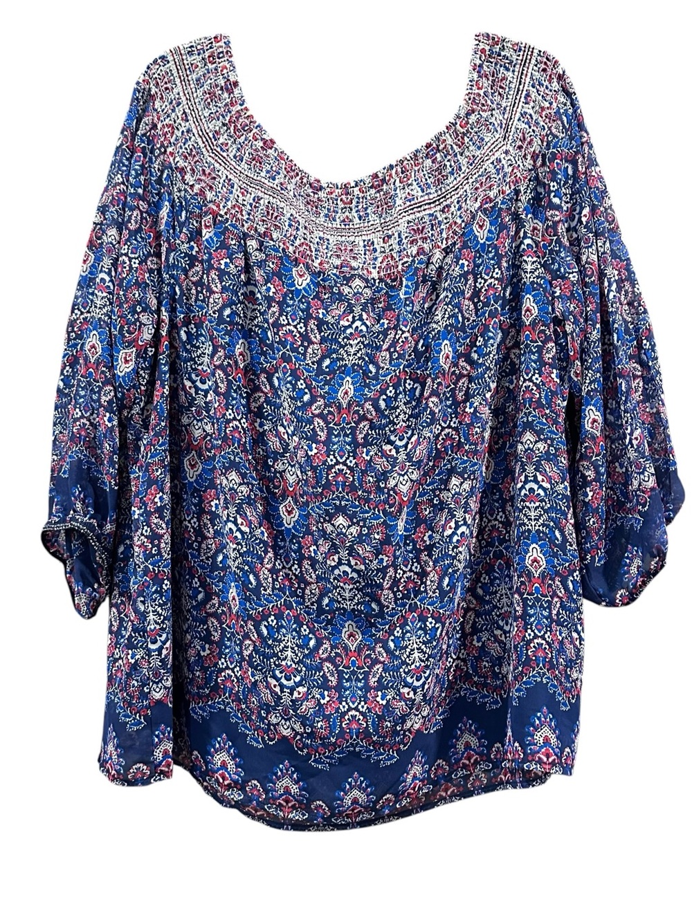 Alyx Women’s 1X Boho Peasant Blouse Blue Red Paisley Smocked Off Shoulder NWT - Picture 7 of 15